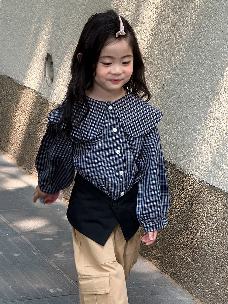 藏青翻領格子上衣