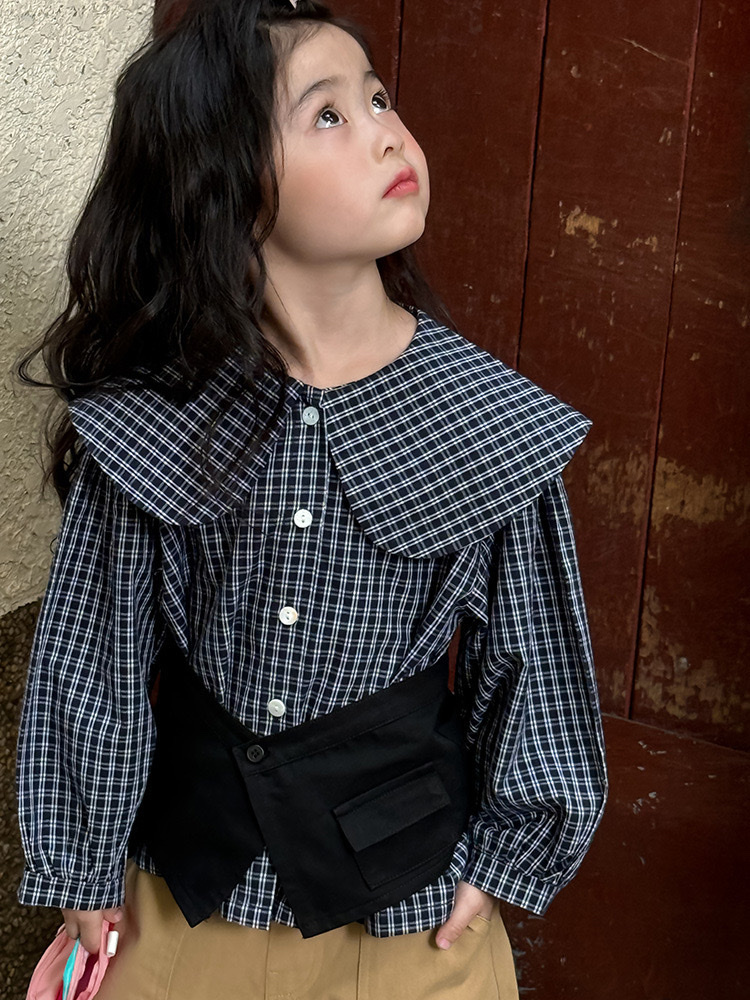 藏青翻領格子上衣
