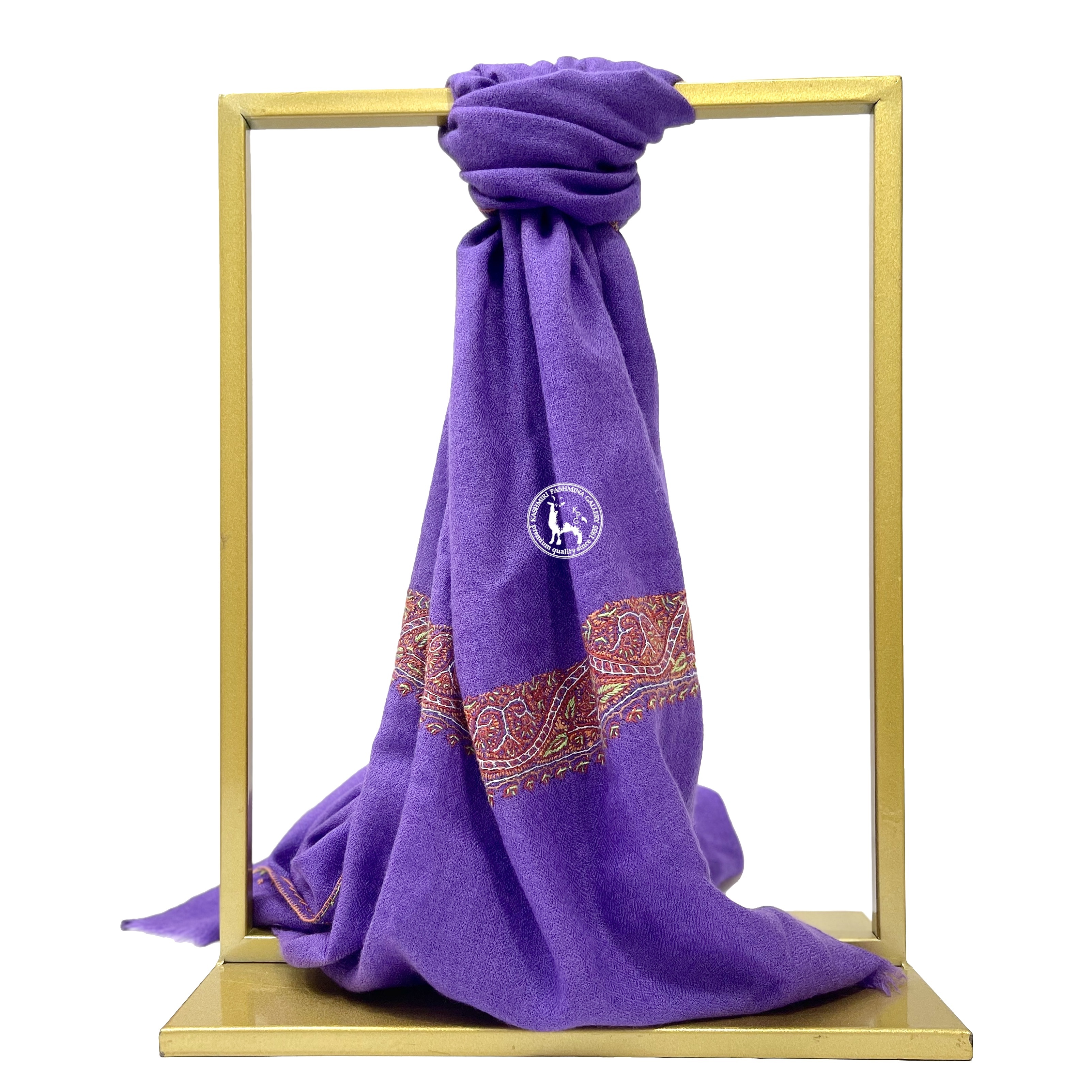 紫色索茲尼邊緣刺繡羊絨披肩圍巾