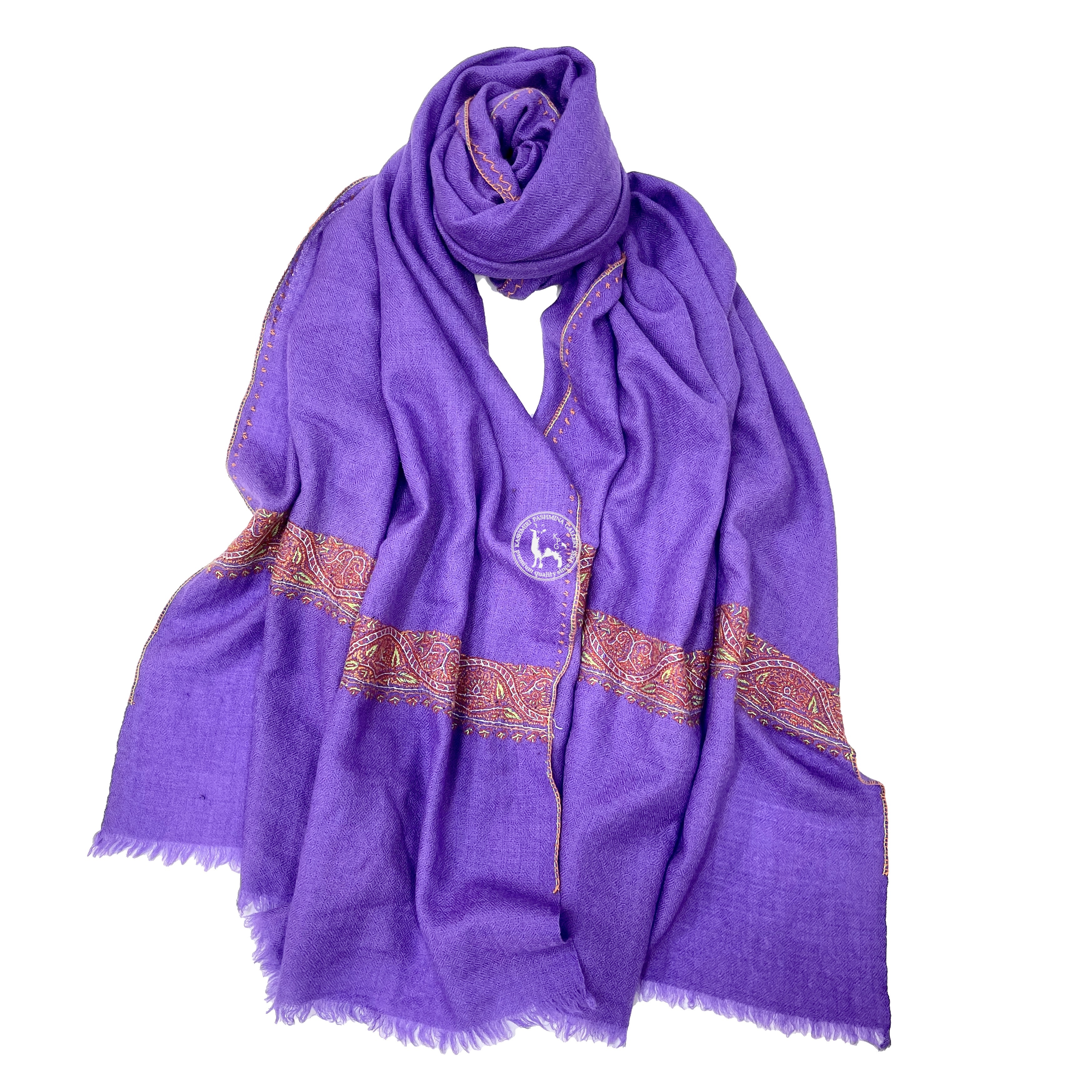 紫色索茲尼邊緣刺繡羊絨披肩圍巾