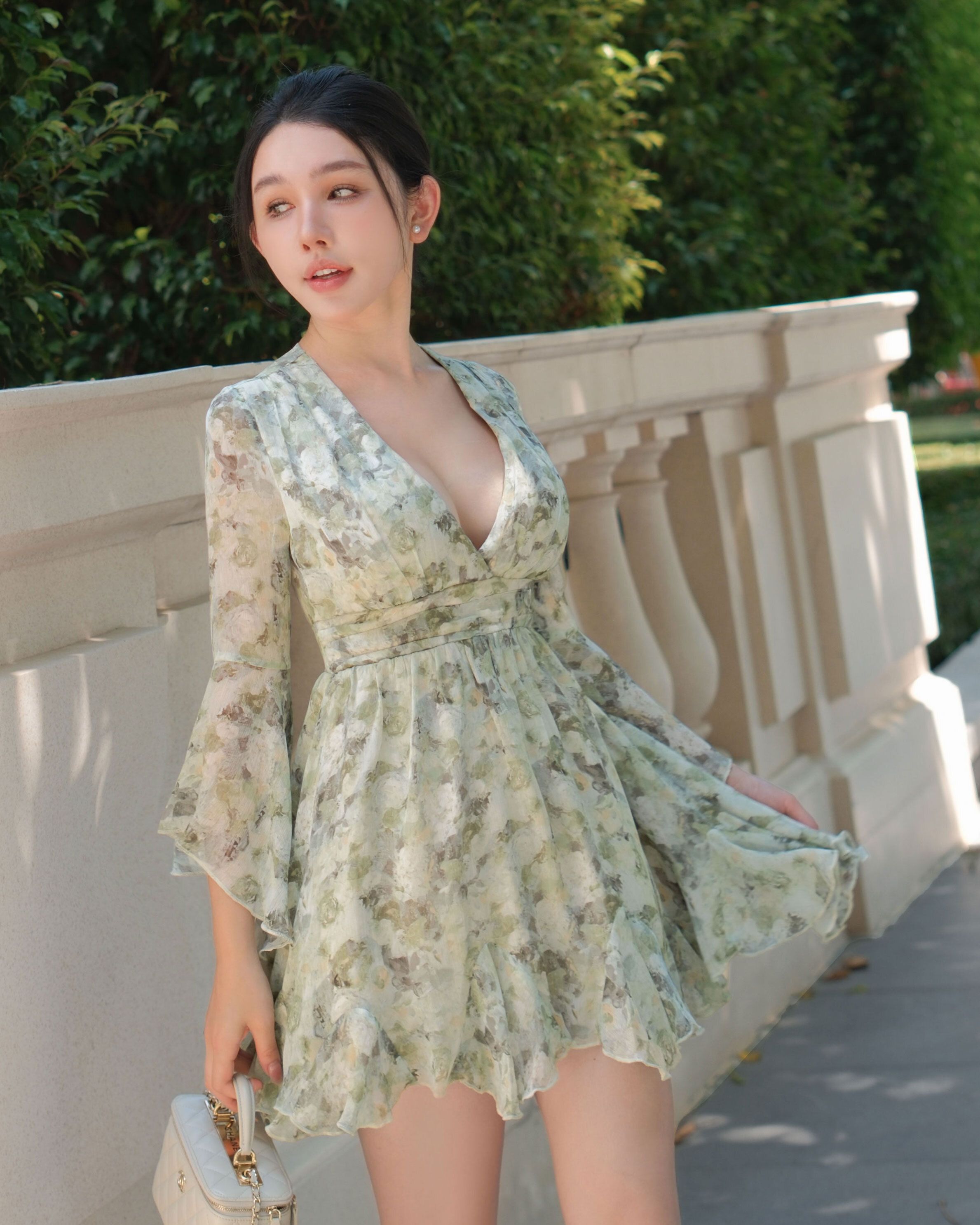 訂製-浪漫油畫印花水袖雪紡短洋