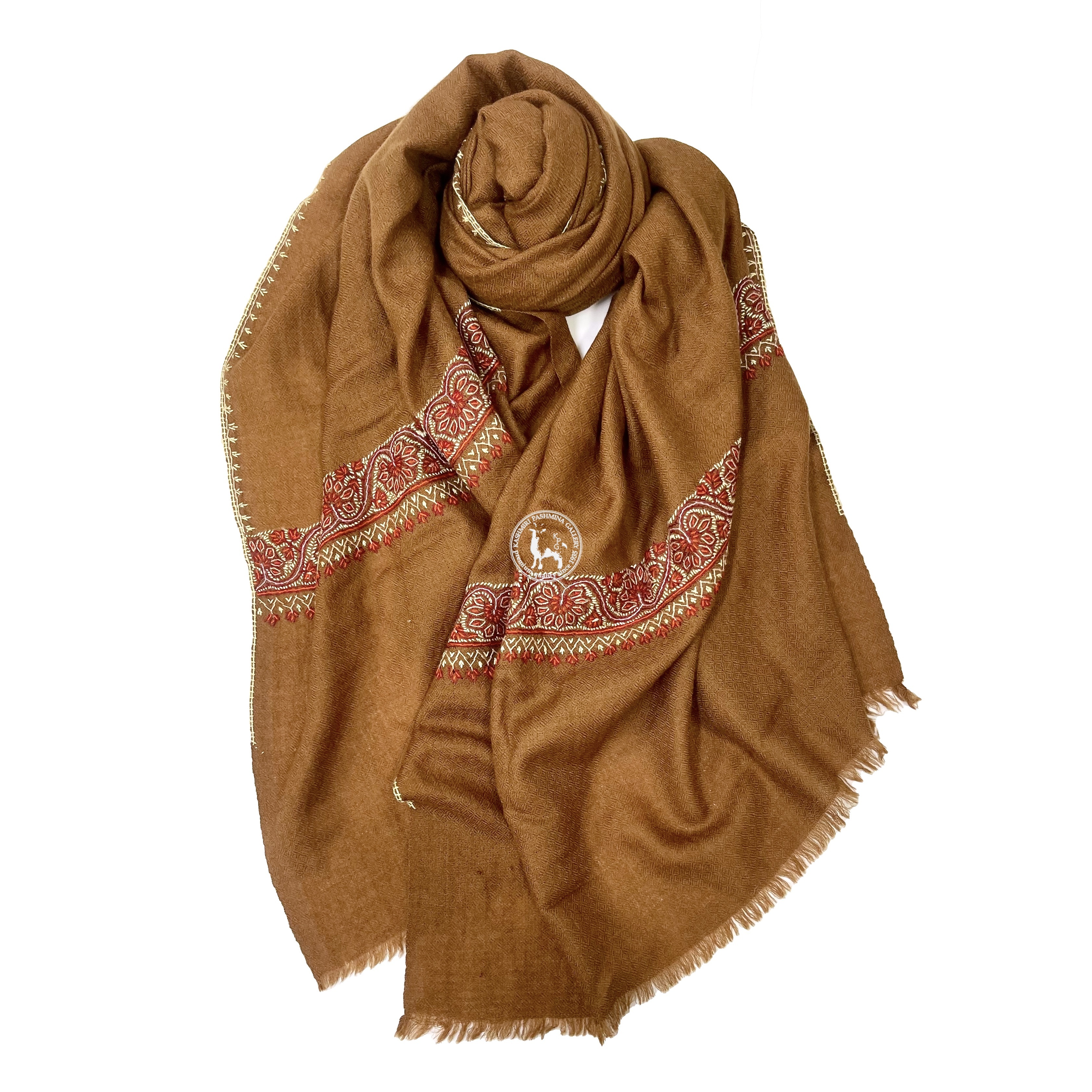 啡色索茲尼邊緣刺繡羊絨披肩圍巾