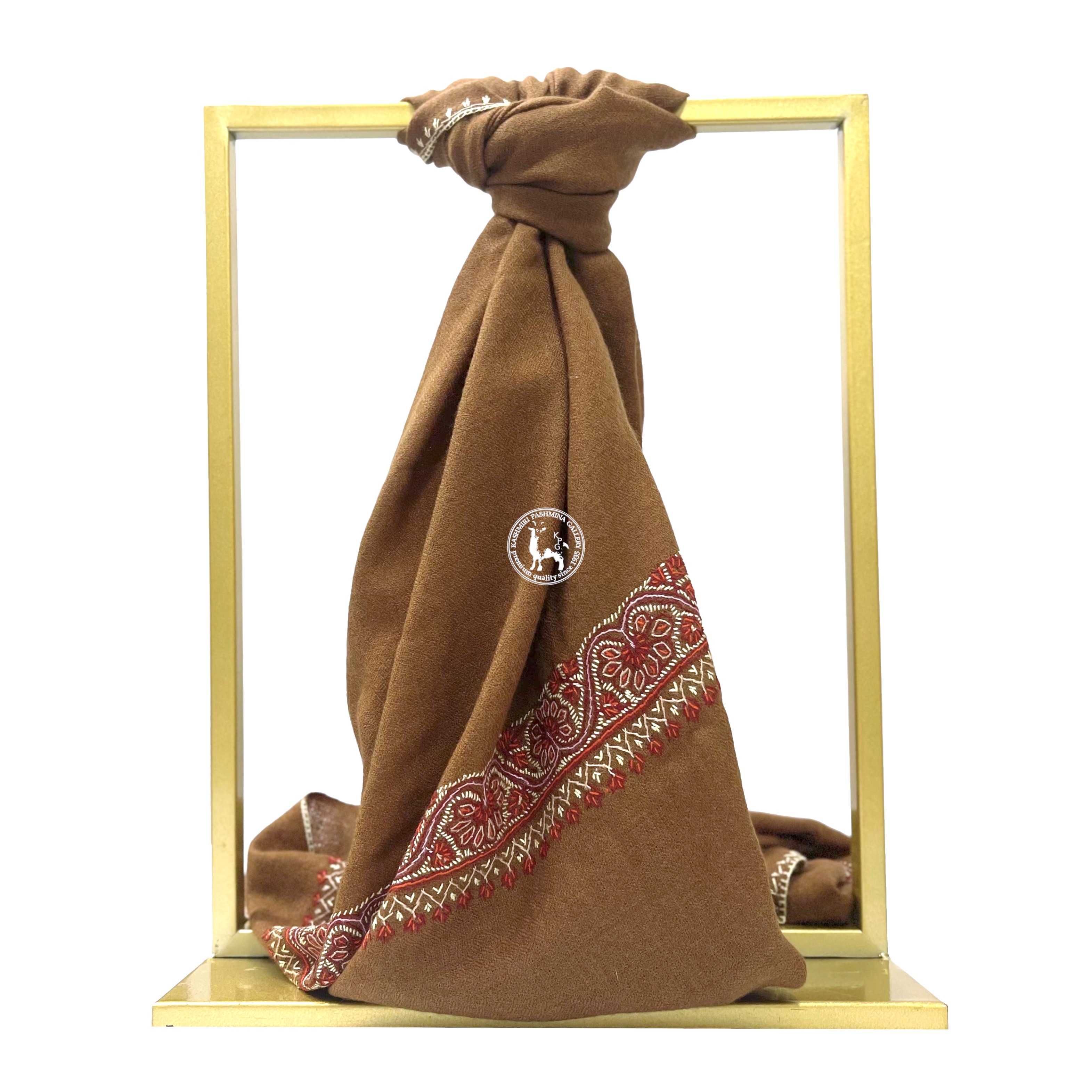 啡色索茲尼邊緣刺繡羊絨披肩圍巾