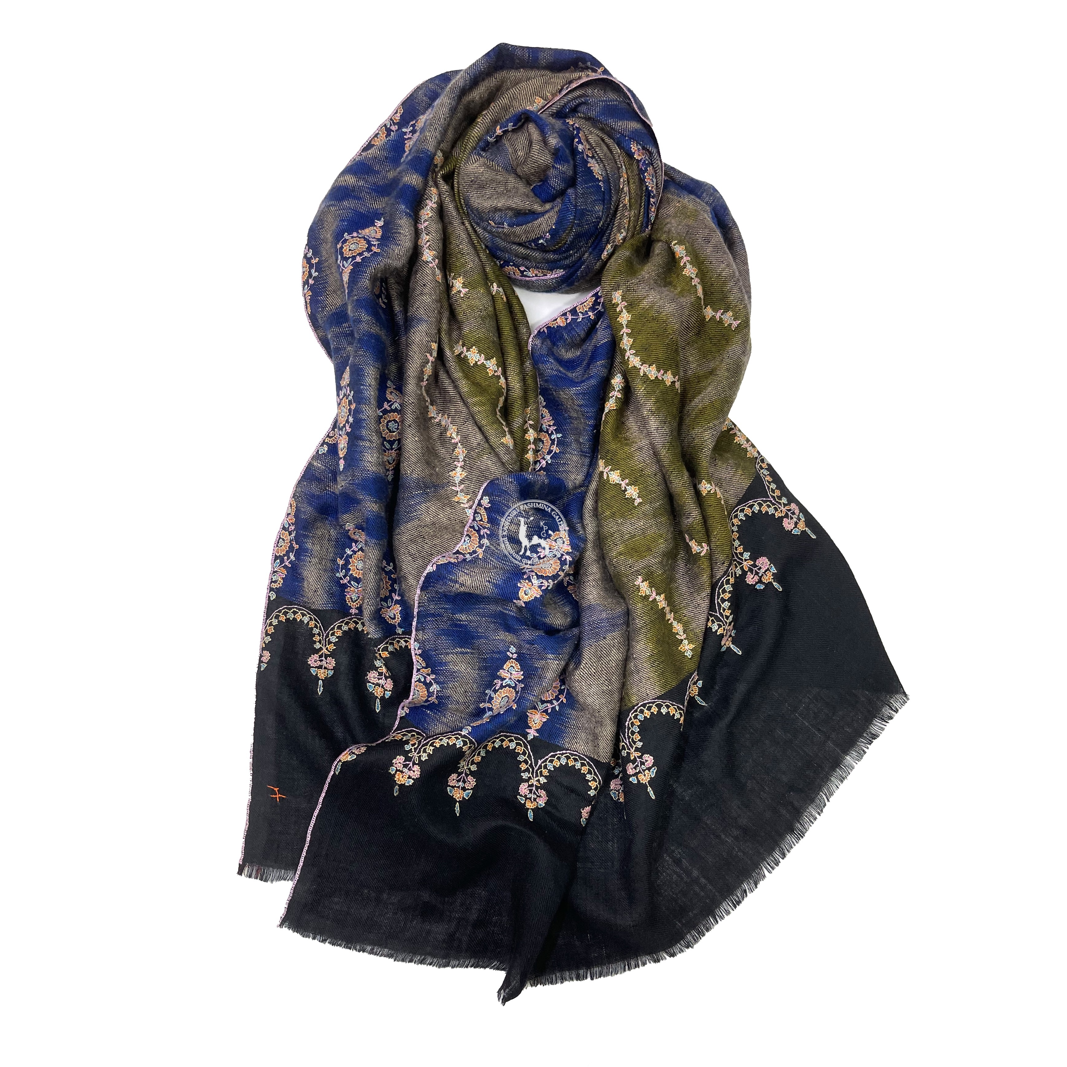 卡其藍黑卡尼兩則菱形圖案索茲尼刺繡羊絨圍巾