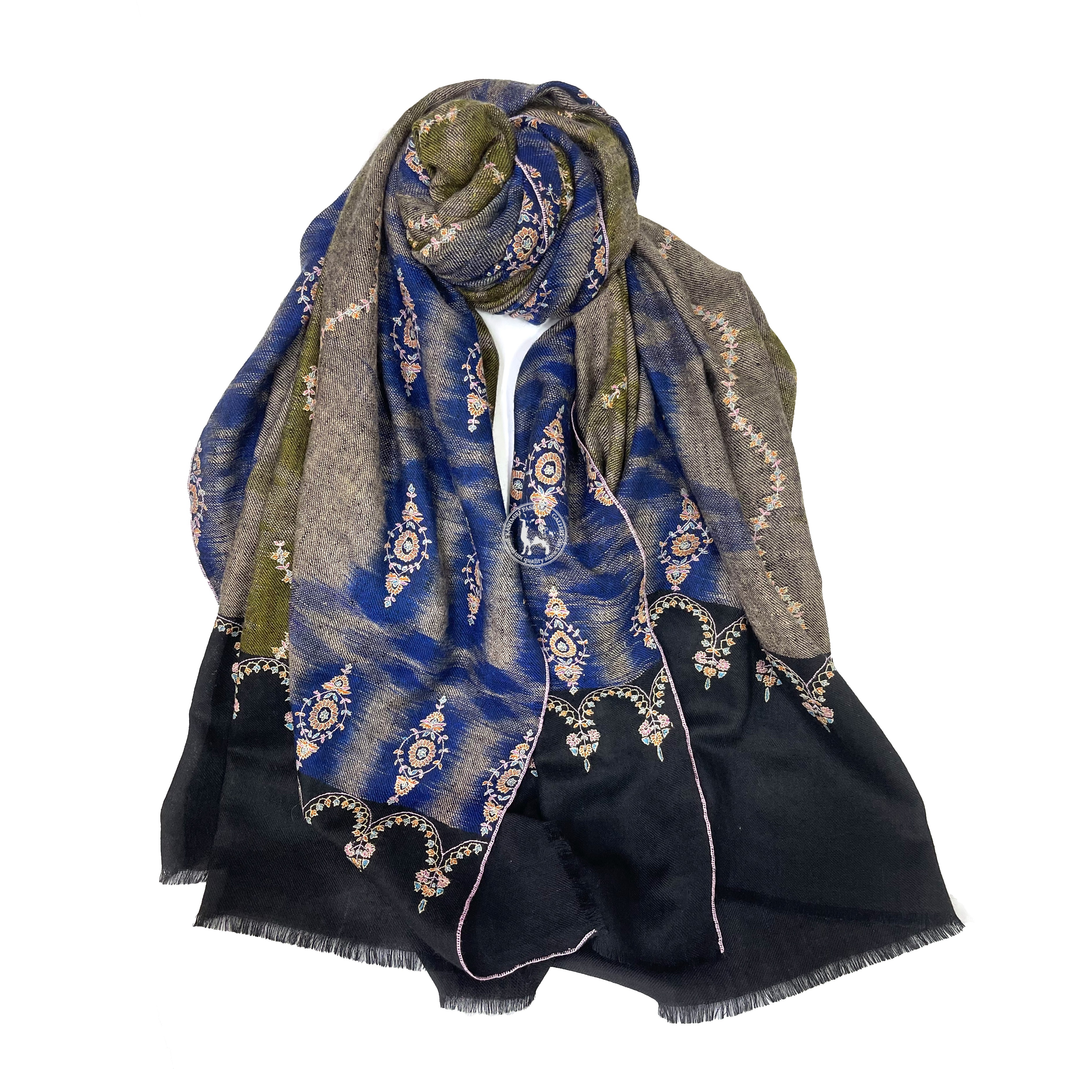 卡其藍黑卡尼兩則菱形圖案索茲尼刺繡羊絨圍巾