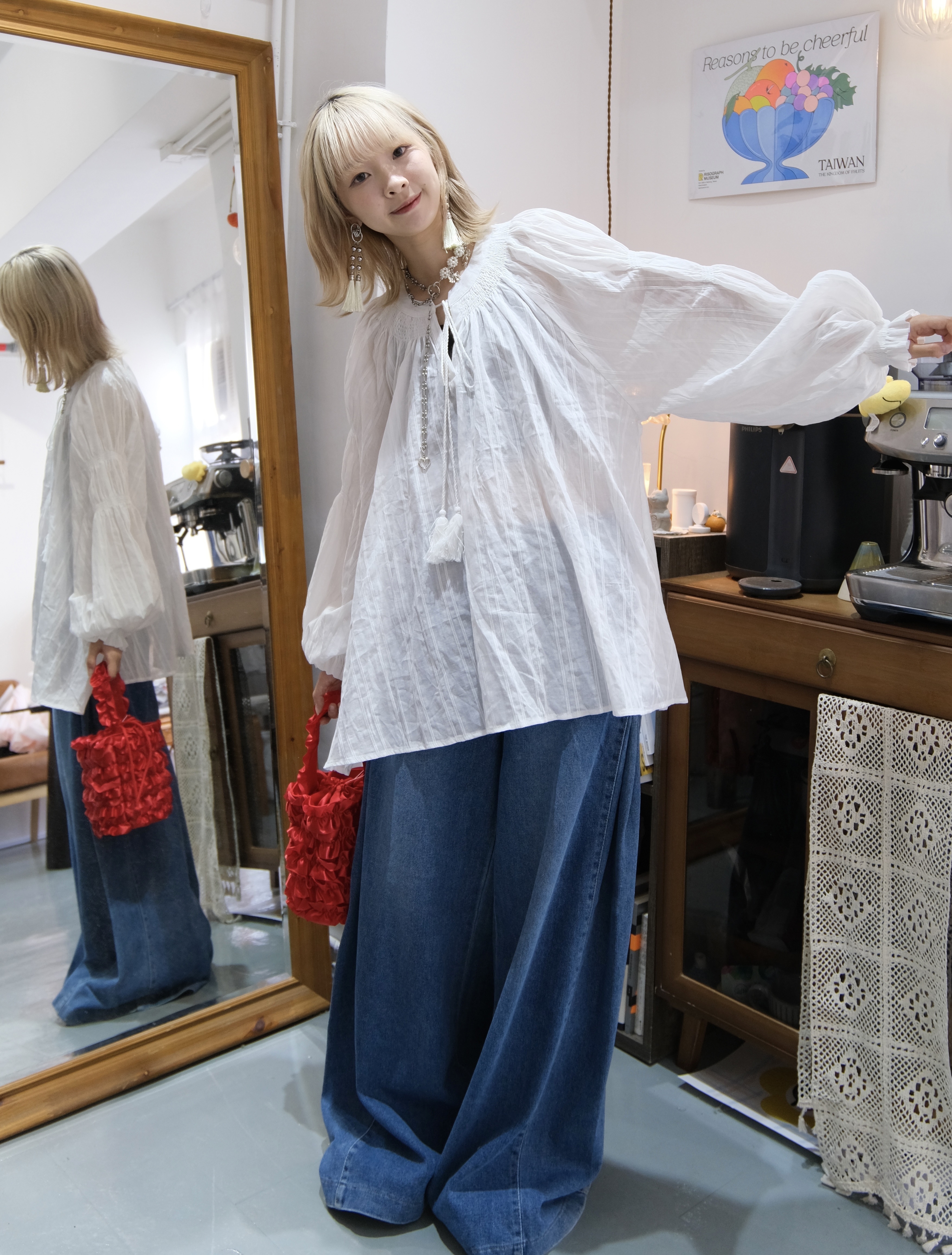 仙氣泡泡袖透紗中長TOP