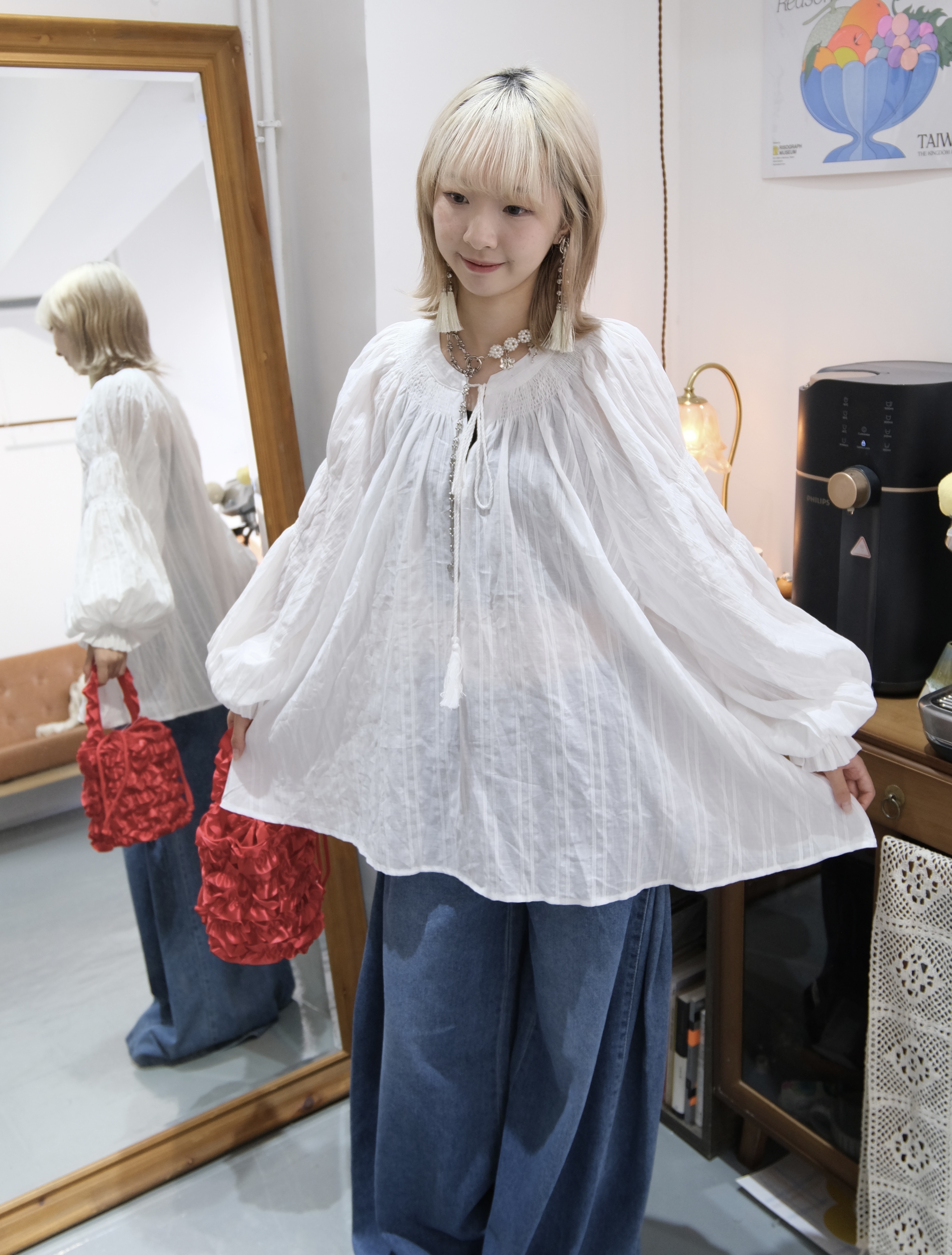 仙氣泡泡袖透紗中長TOP