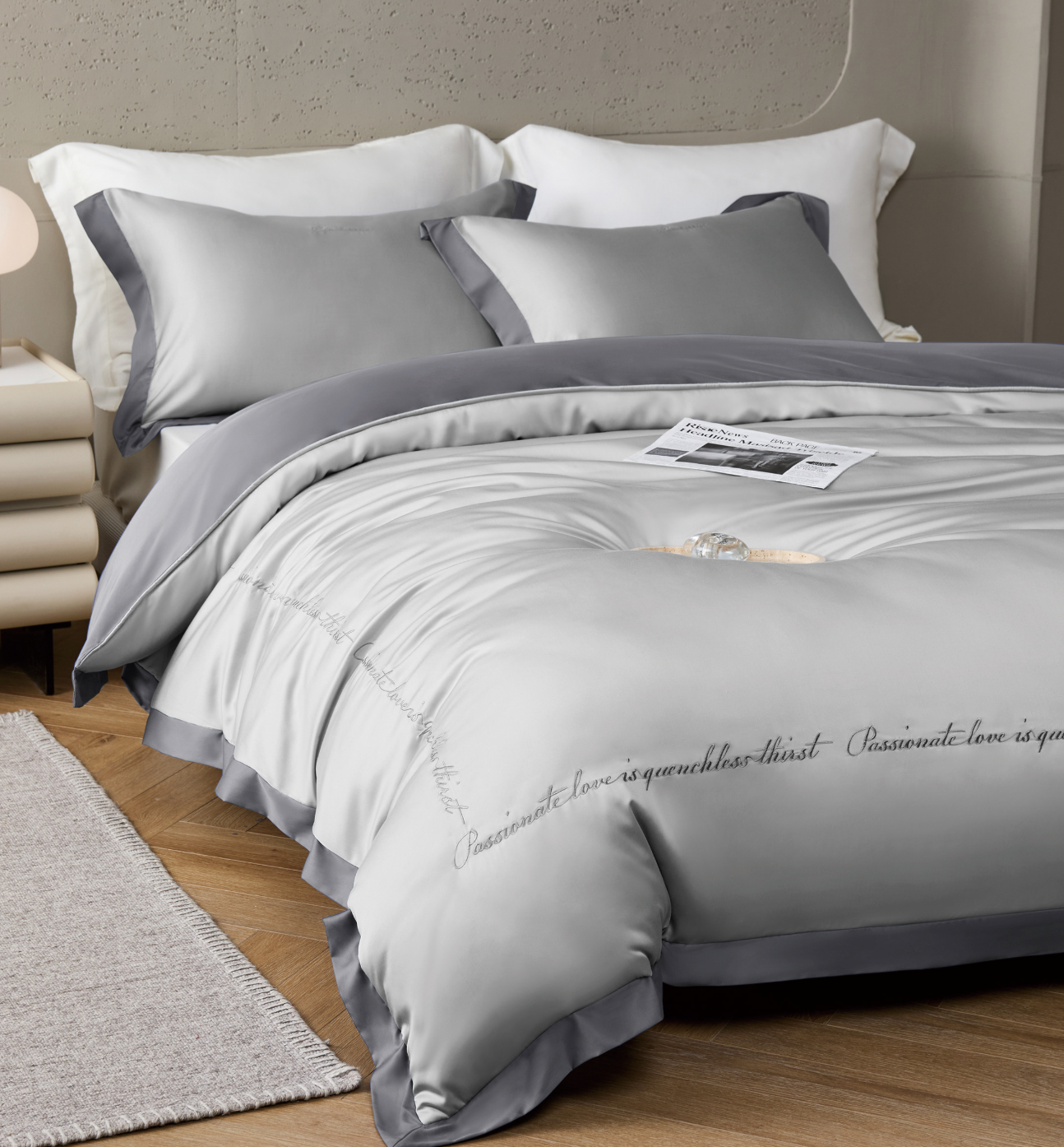 120支頂級天絲四季被床包枕頭套四件組 藍莓之約(北極灰)