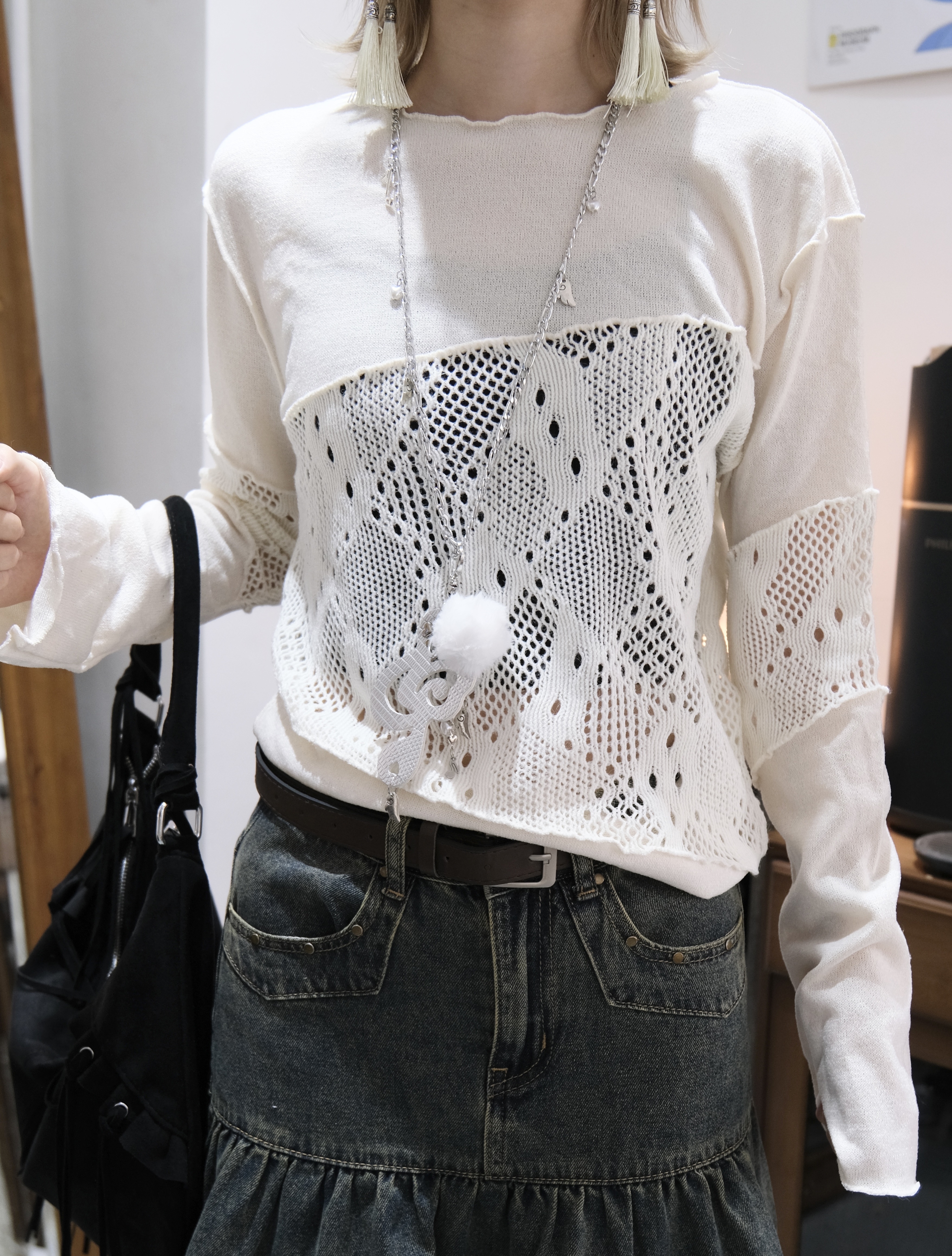 拼布網紋斜cut Top