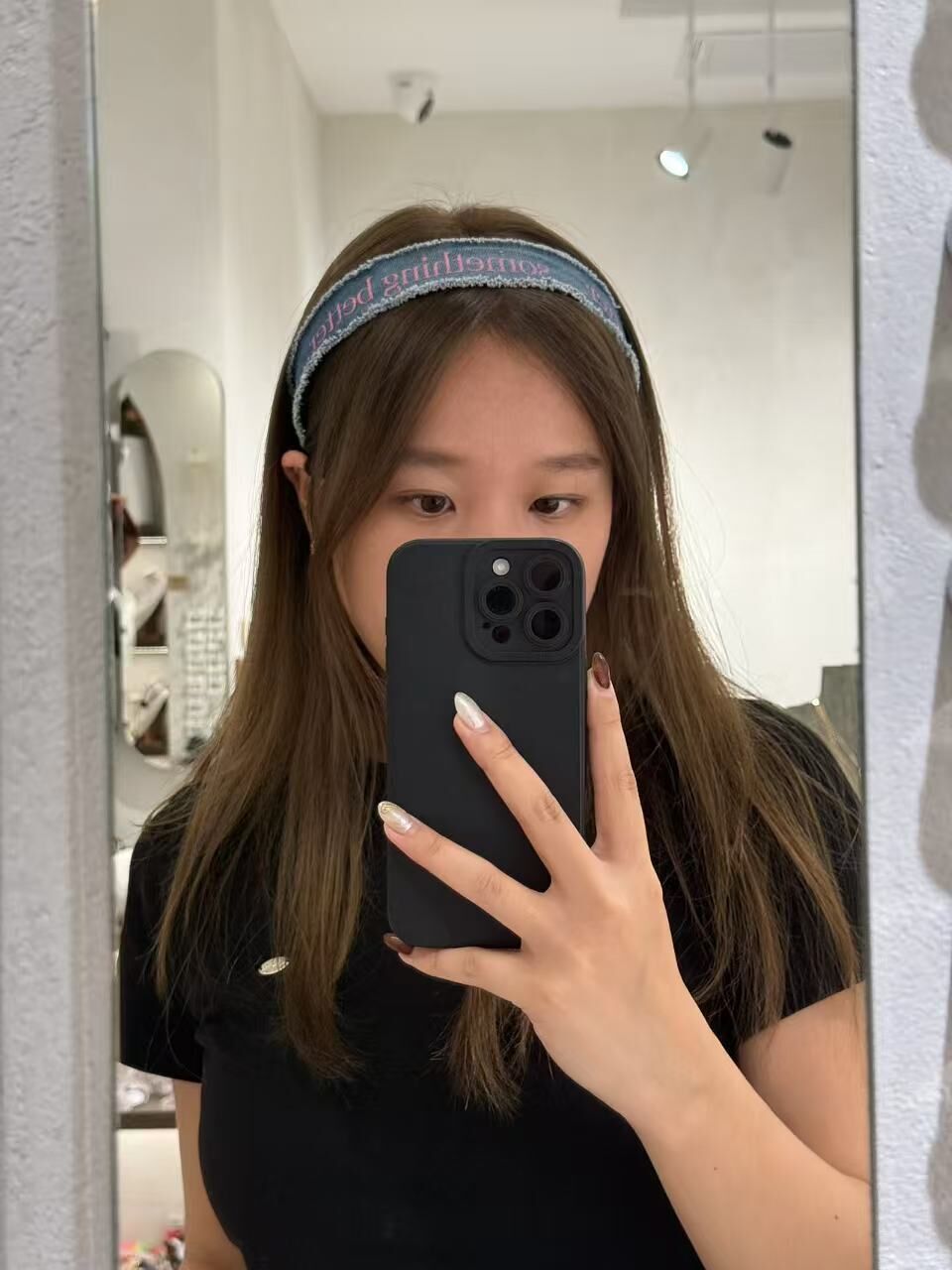 牛仔布粉色字頭箍