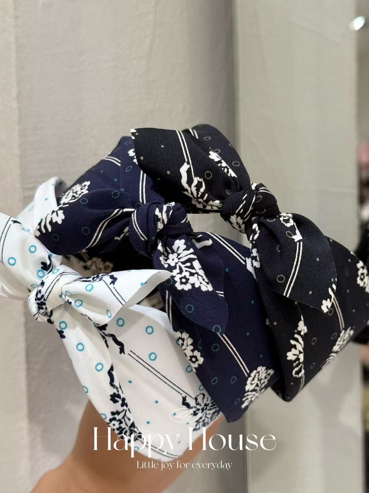 三色碎花條紋布藝頭箍