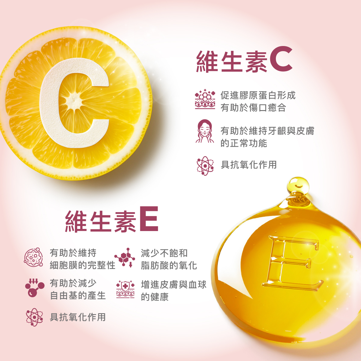 維生素C.維他命C.抗氧化.膠原蛋白.維生素E.維他命E.抗氧化