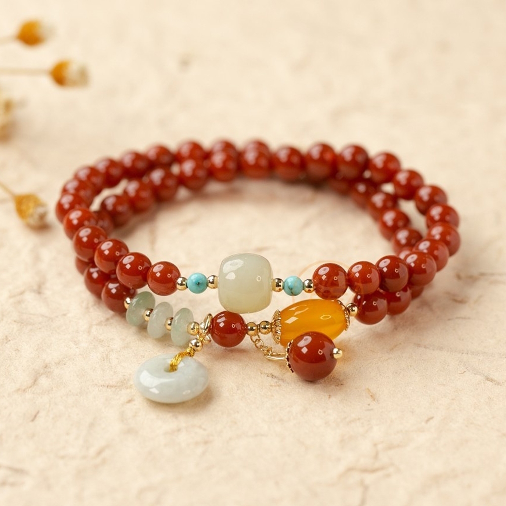 手鍊 手串 女生手鍊 手串男 紅瑪瑙 雙圈手串 玉髓手鍊 天然玉石 平安扣 吊墜 新中式 串珠念珠 保平安 手珠 080