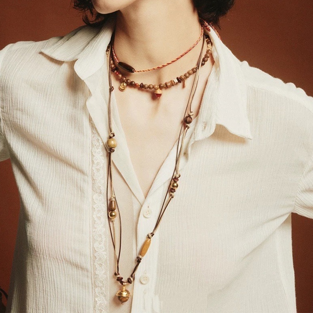 榛果項鍊 民族風 項鍊 復古項鍊 飾品 韓國蠟繩 長項鍊 鎖骨鏈 孔雀石 時尚搭配 女生項鍊 配飾 玉石項鍊 533