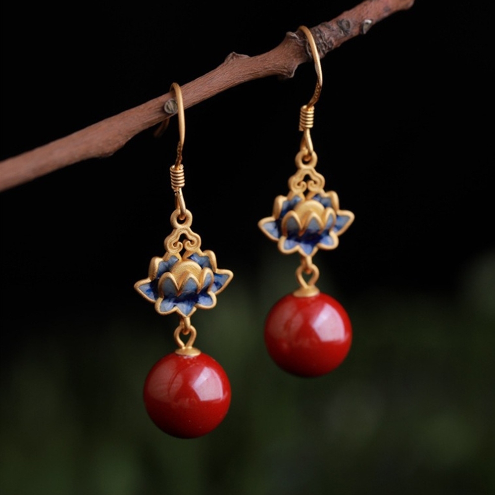 飾品 耳環 女生耳環 朱砂耳環 純銀耳環 S925 宮廷風 新中式 蓮花耳環 大圓耳環 復古風 抗過敏 耳飾 耳釘532