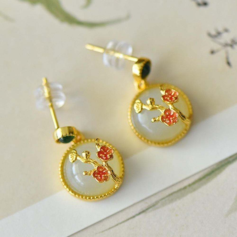 梅花耳環 白玉飾品 耳釘耳環 純銀耳環 吊墜耳環 和田玉飾品 女生飾品 天然玉石 復古耳飾 穿搭配飾 707