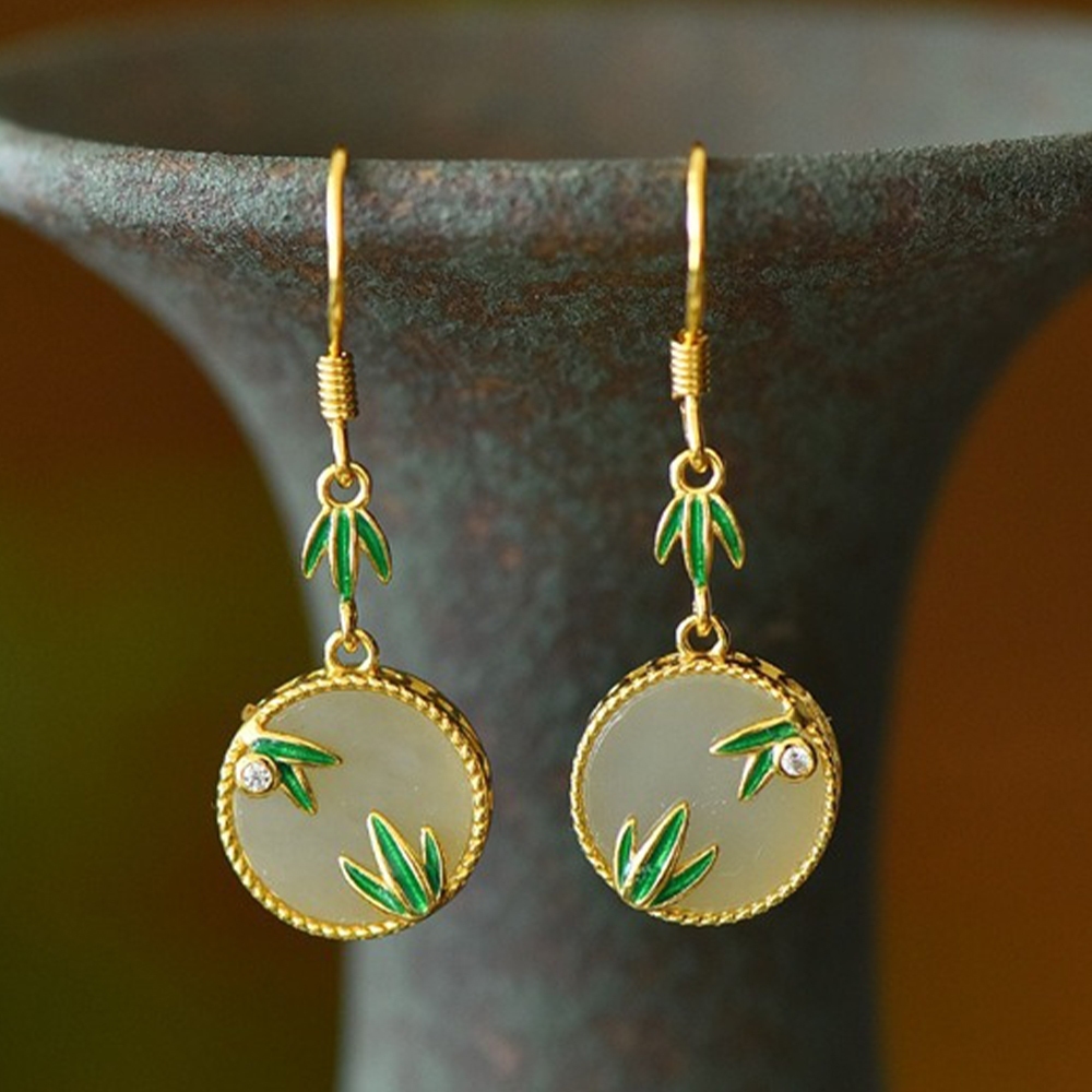 竹葉琺瑯耳飾 鈎型耳環 和田玉耳環 純銀飾品 女生飾品 復古銀飾 吊墜耳環 新中式配飾 705