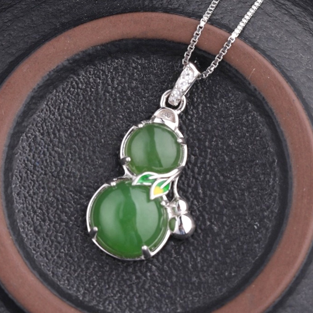 葫蘆吊墜項鍊 碧玉墜飾 925純銀項飾 女生鎖骨鏈 天然玉石 古風玉墜 飾品 701