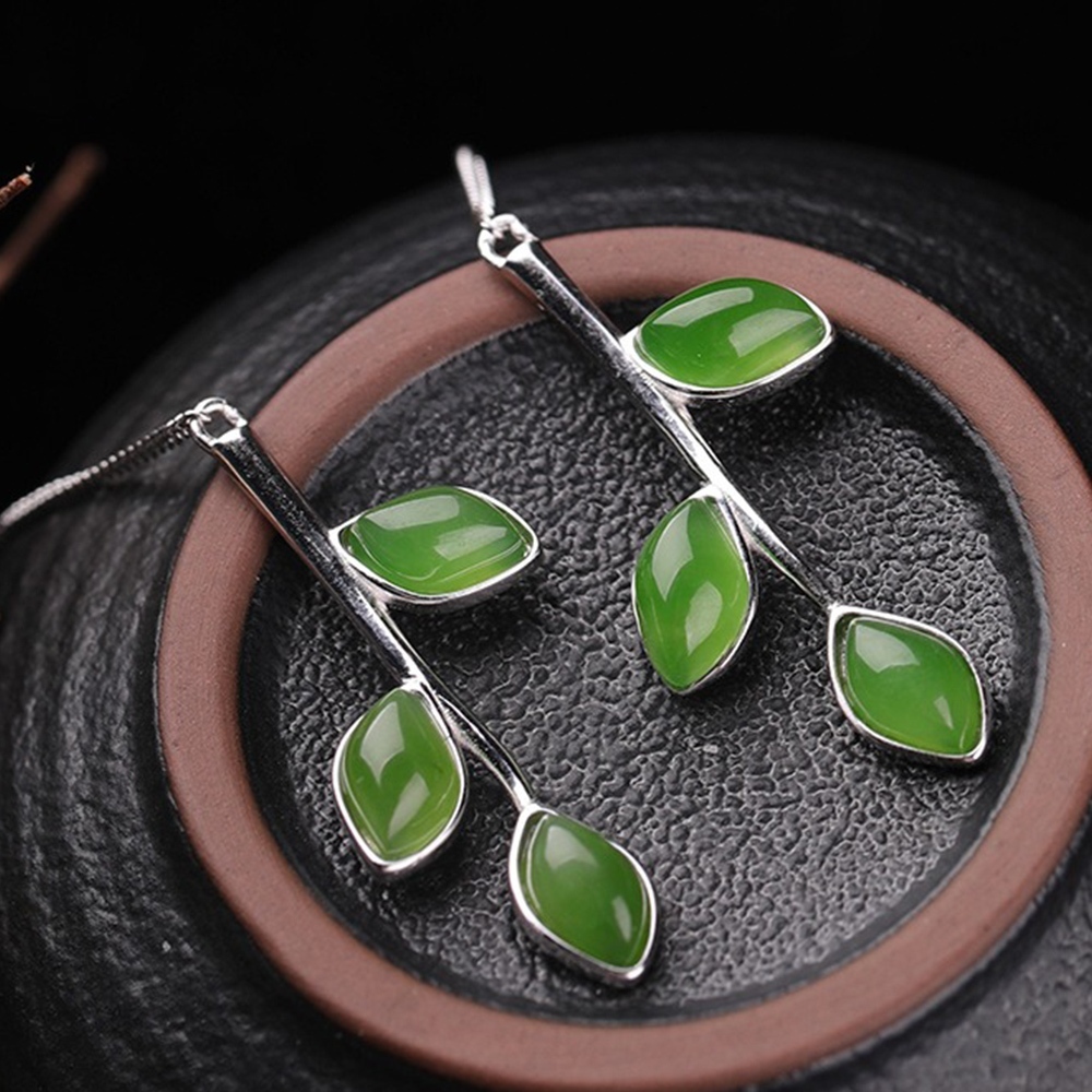 樹葉吊墜耳環 和田玉配飾 碧玉耳環 純銀飾品 天然玉石 長款耳飾 女生銀飾 古風耳環 699