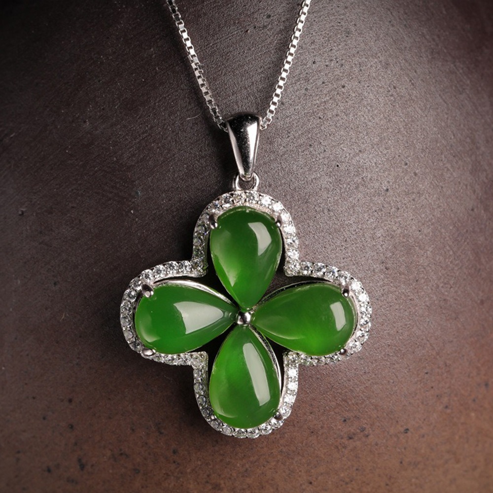 四葉草項鏈 碧玉吊墜項鍊 天然玉石 925銀鎖骨鏈 女生鎖骨鏈 和田玉飾品 配飾 698