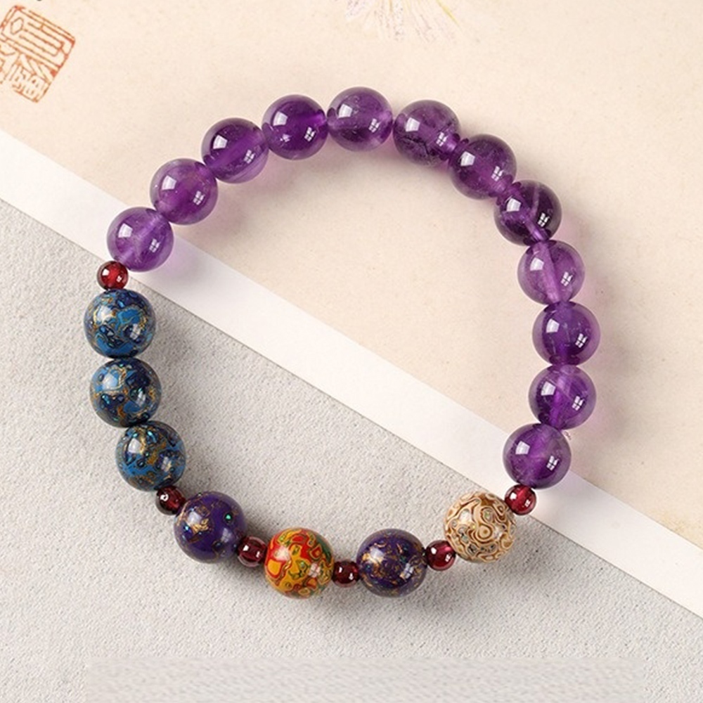 紫水晶手串 大漆轉運珠手鍊 水晶單圈串珠手飾 石榴石配飾 圓珠飾品 680