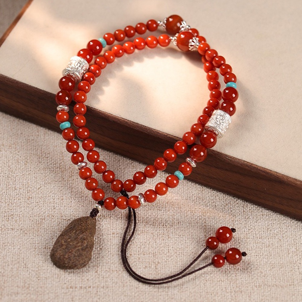 南紅瑪瑙多圈手鍊 串珠項鍊 天然石手串 圓珠手鍊 綠奇楠沉香飾品 674