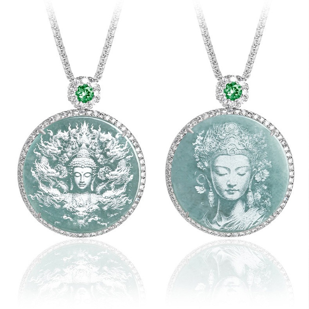 玉石項鍊 天然翡翠 如來佛 九龍佛 觀音 飾品 藍水影雕吊墜 654