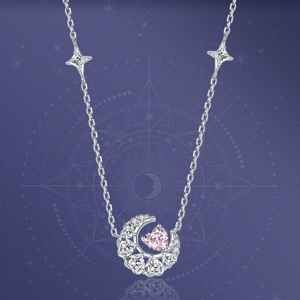 純銀項鍊 鋯石項鍊 S925 鎖骨鍊 月亮愛心吊墜 情人節禮物 647