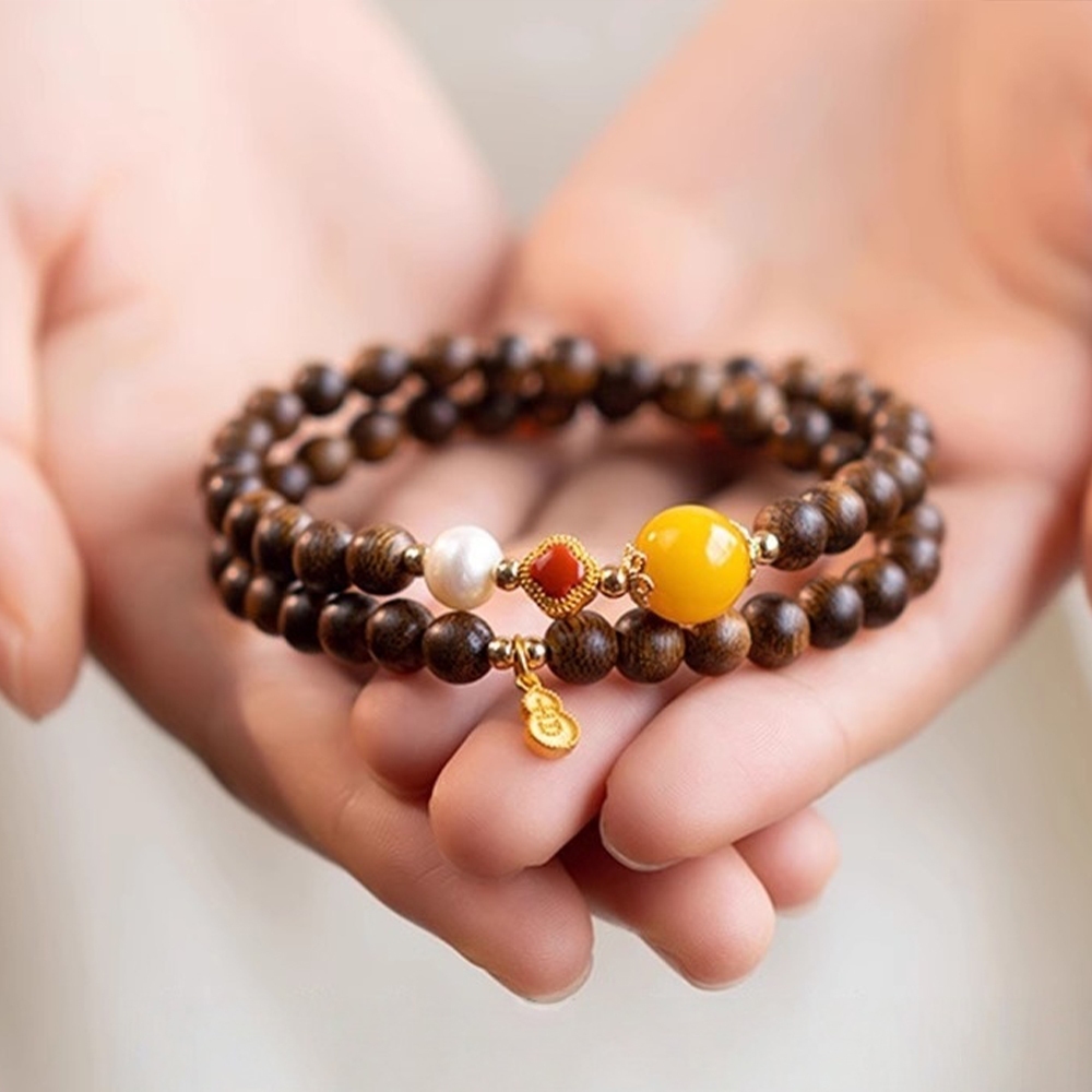 雙圈手鍊 沉香木 蜜蠟 南紅 淡水珍珠 手鍊女 飾品 香楠木 646