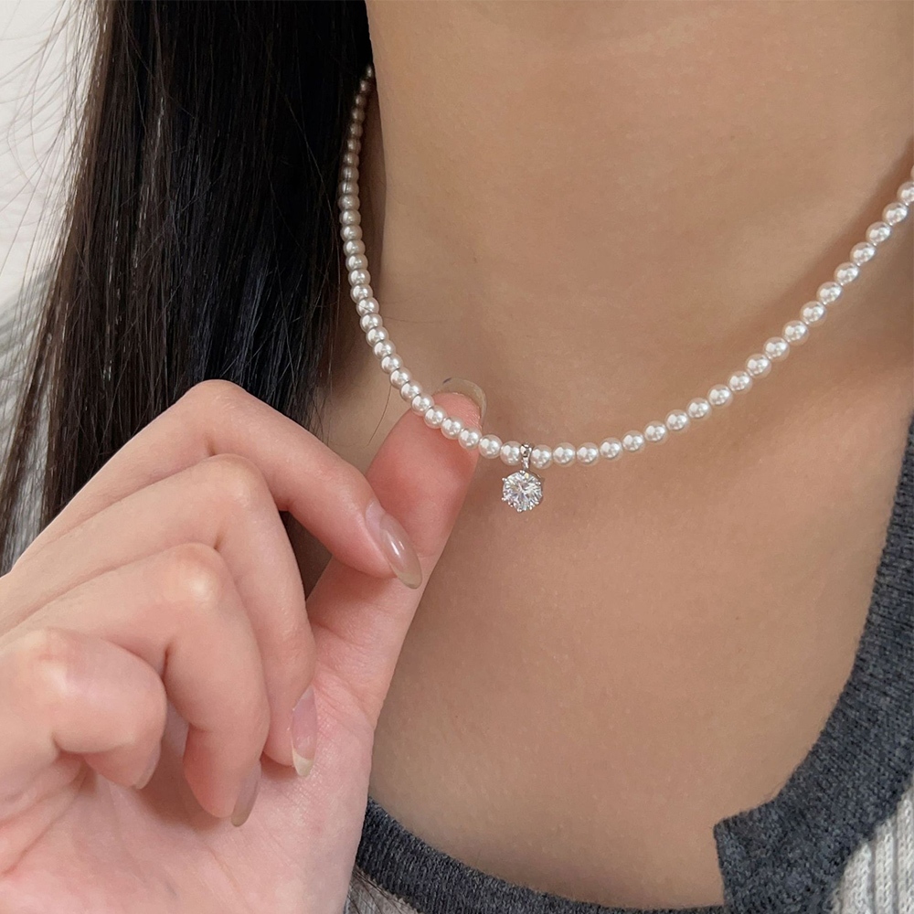 珍珠項鍊 鑲鑽 高碳鑽 鎖骨鏈 s925純銀 項鍊女 飾品 596