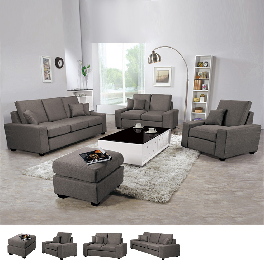 布拉格灰色布沙發組(附抱枕)(1+2+3+腳椅)