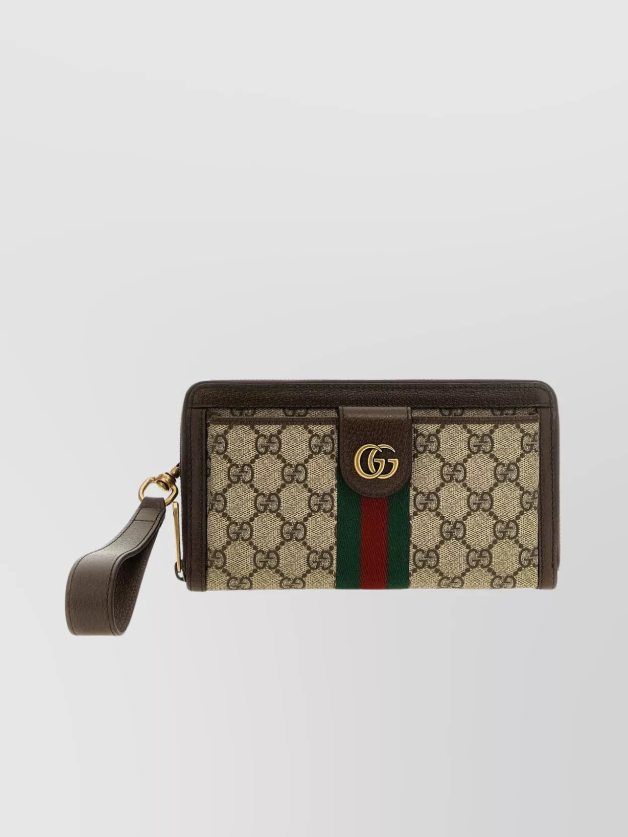 [E] GUCCI BROWN MONOGRAM STRIPE WRIST STRAP WALLET, 76024896IWT-8745 (EGC192)