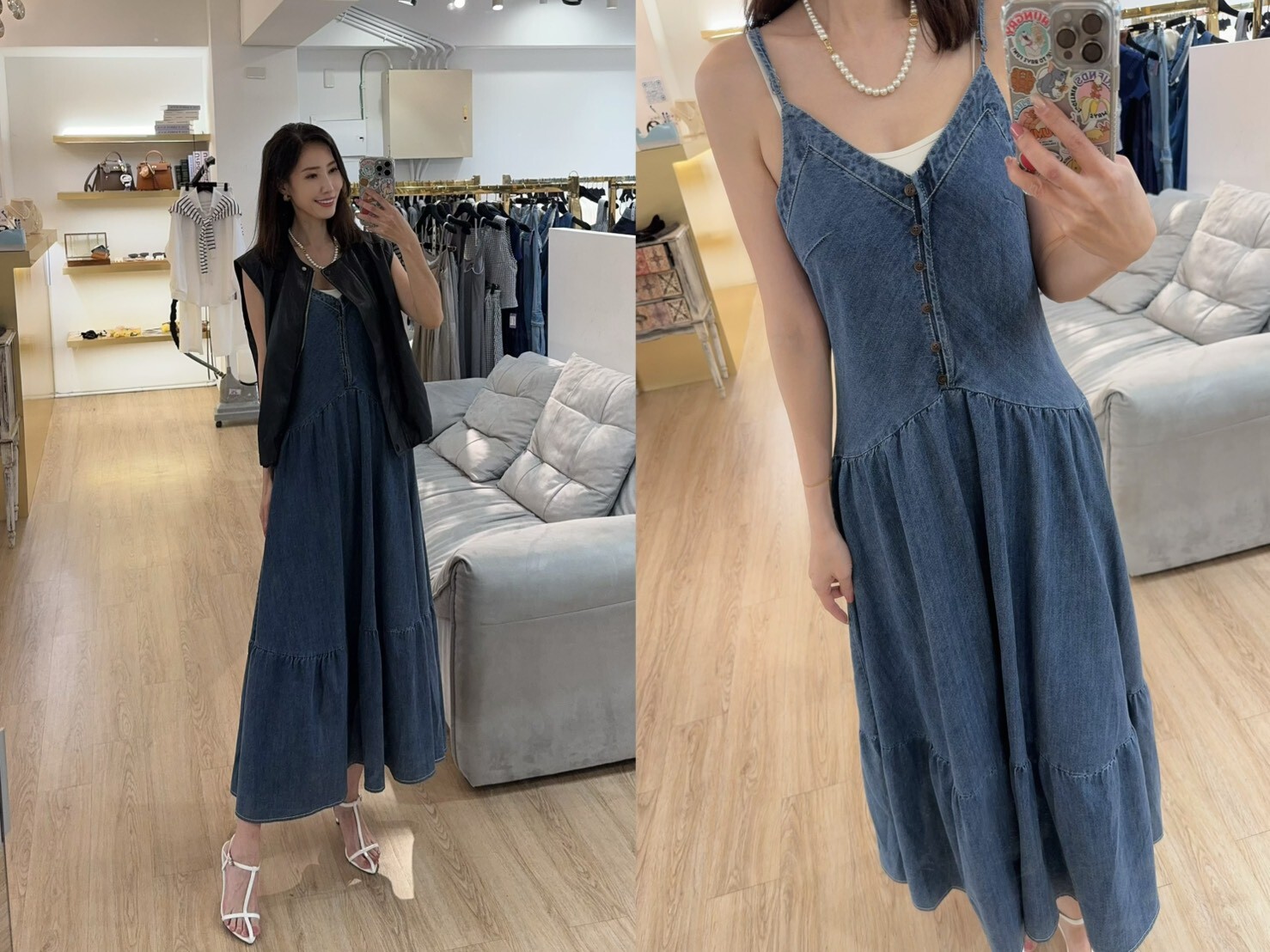 B10015-甜美感滿滿的細肩帶牛仔長洋裝