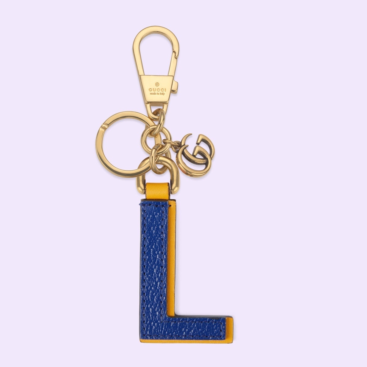 [E] GUCCI BLUE/YELLOW LETTER L LEATHER KEYCHAIN, 727643AABIK-8693 (EGC186)