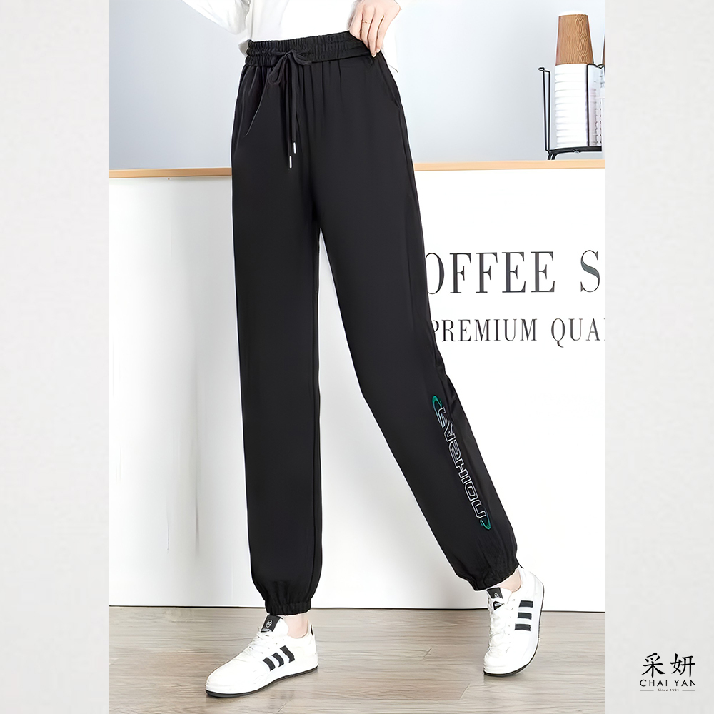 字母印花鬆緊褲腳鬆緊休閒運動長褲