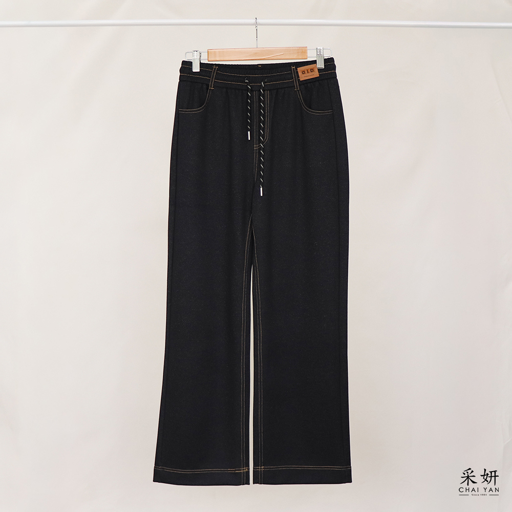 針織牛仔布皮標抽繩鬆緊腰直筒長褲