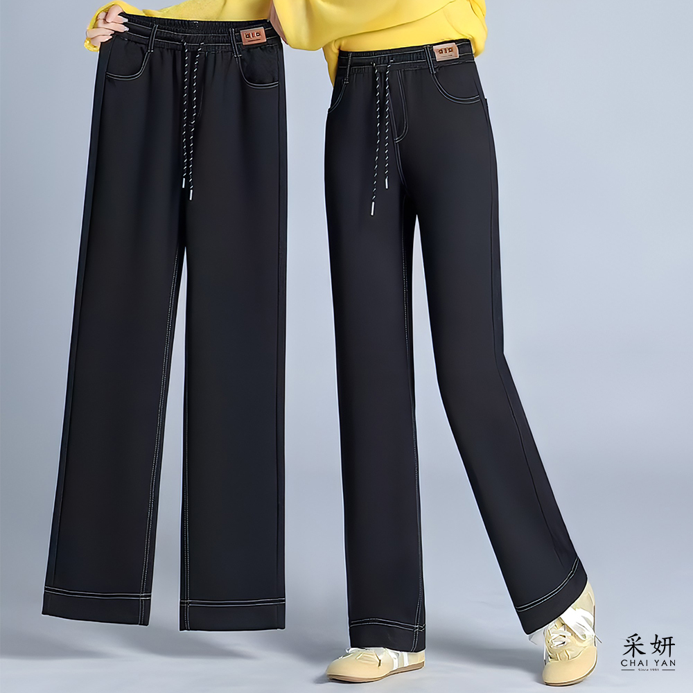 針織牛仔布皮標抽繩鬆緊腰直筒長褲