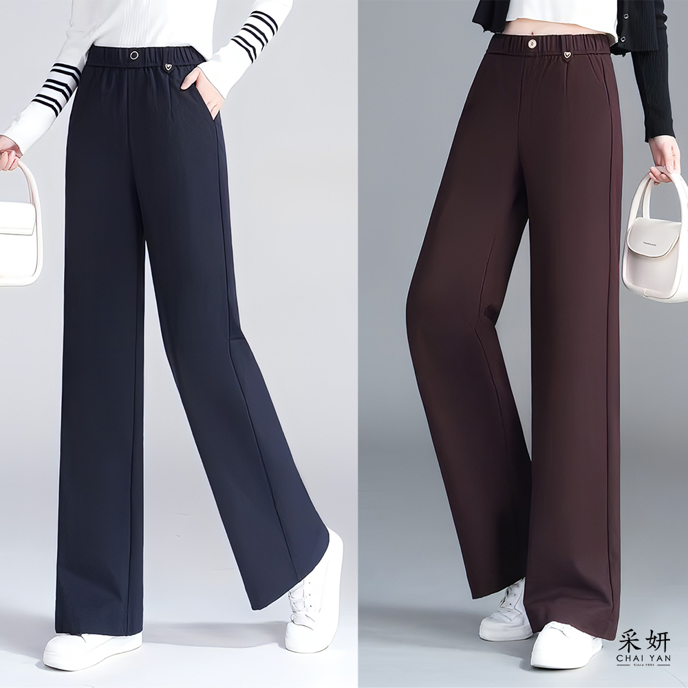 水鑽愛心裝飾鈕扣鬆緊腰直筒西裝長褲