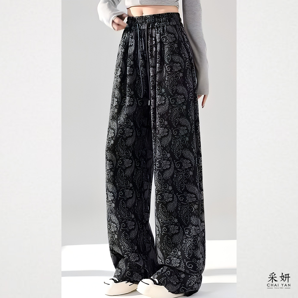 民族風植物抽繩鬆緊腰直筒長褲