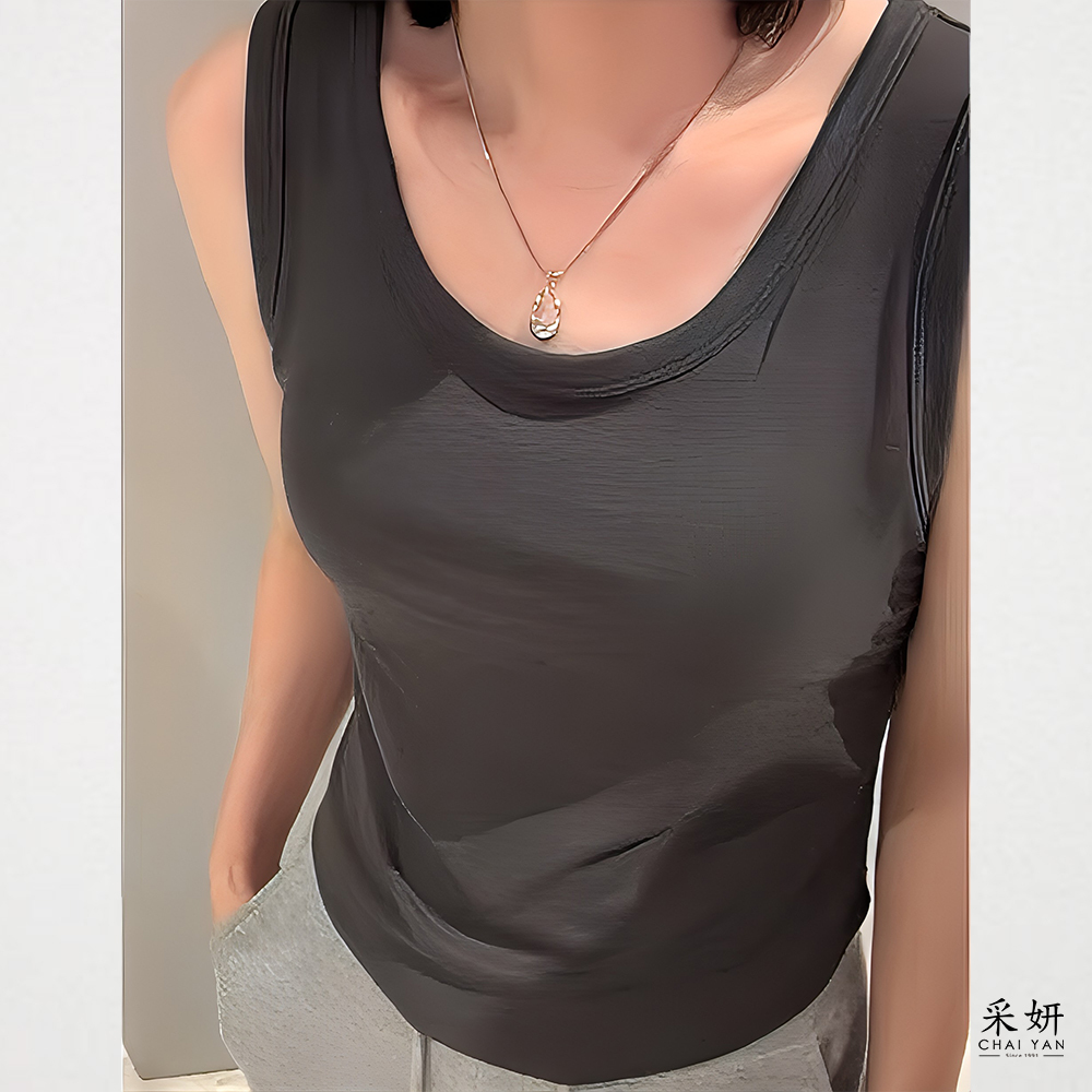 素色羅紋寬肩帶圓弧下擺背心上衣