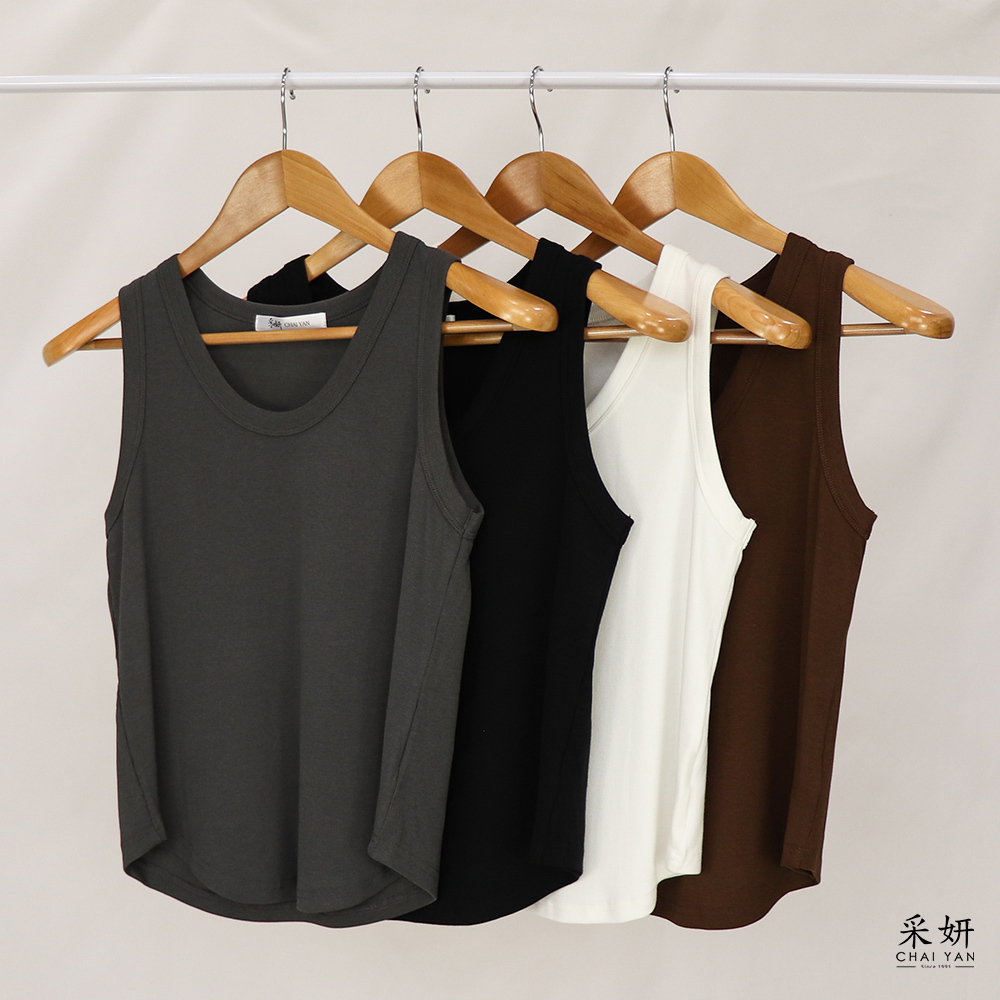 素色羅紋寬肩帶圓弧下擺背心上衣