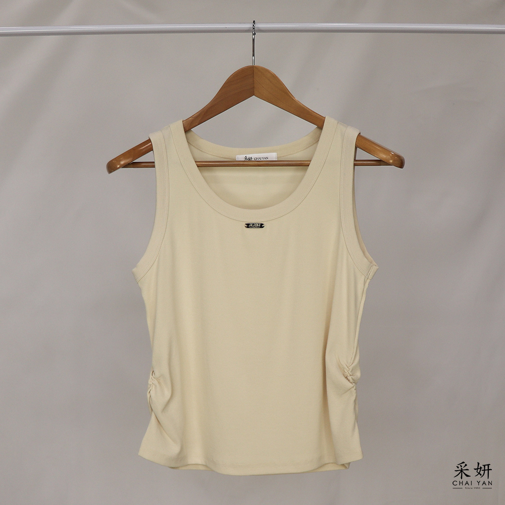 羅紋金屬標鬆緊收腰寬肩帶背心上衣