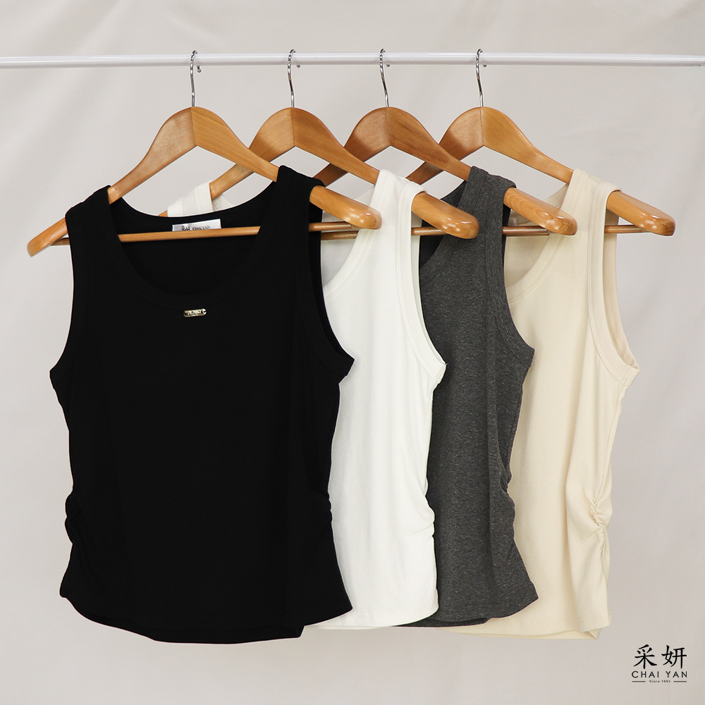 羅紋金屬標鬆緊收腰寬肩帶背心上衣