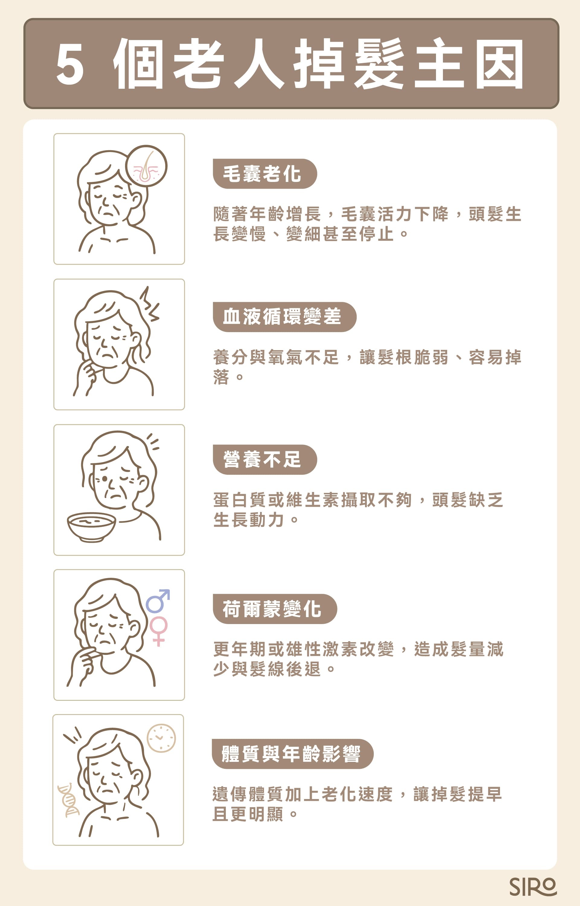 5 個老人掉髮原因:毛囊老化、血液循環變差、營養攝取不足、荷爾蒙轉變、體質與年齡雙影響