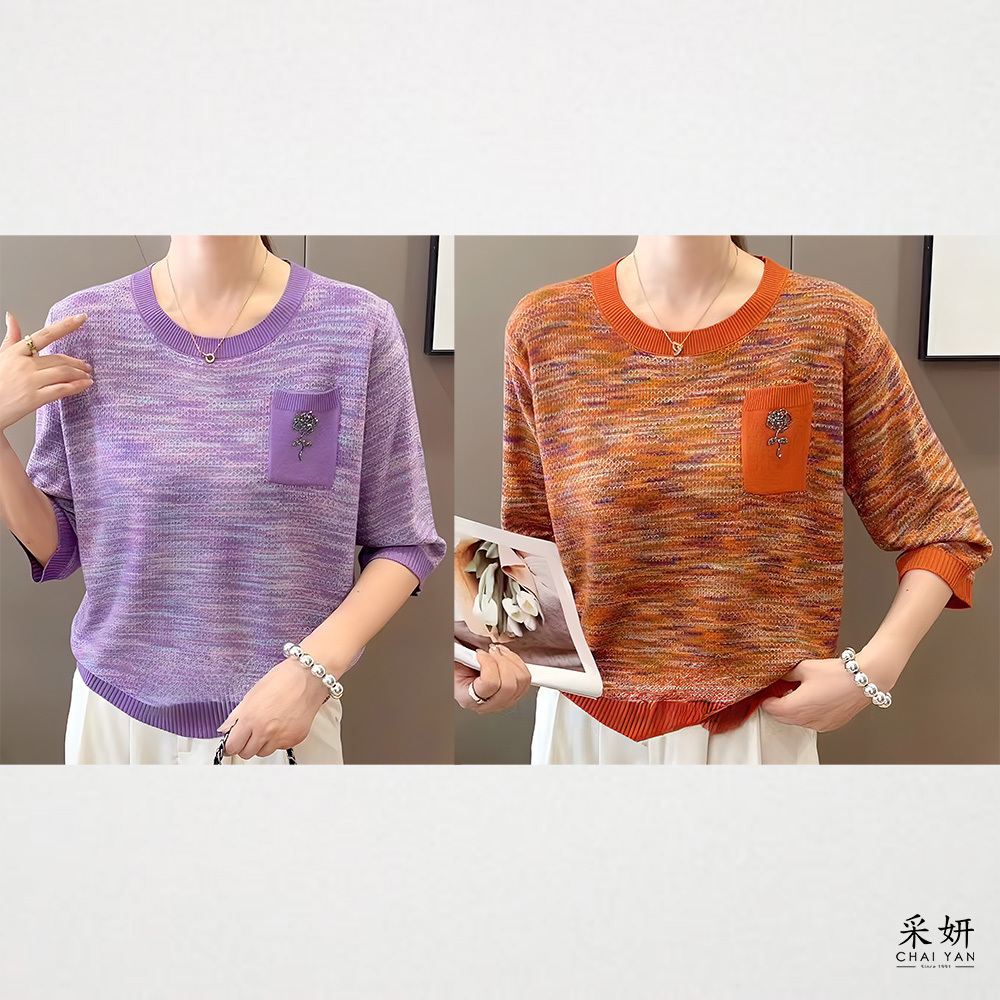 碎鑽玫瑰跳色針織圓領半袖上衣