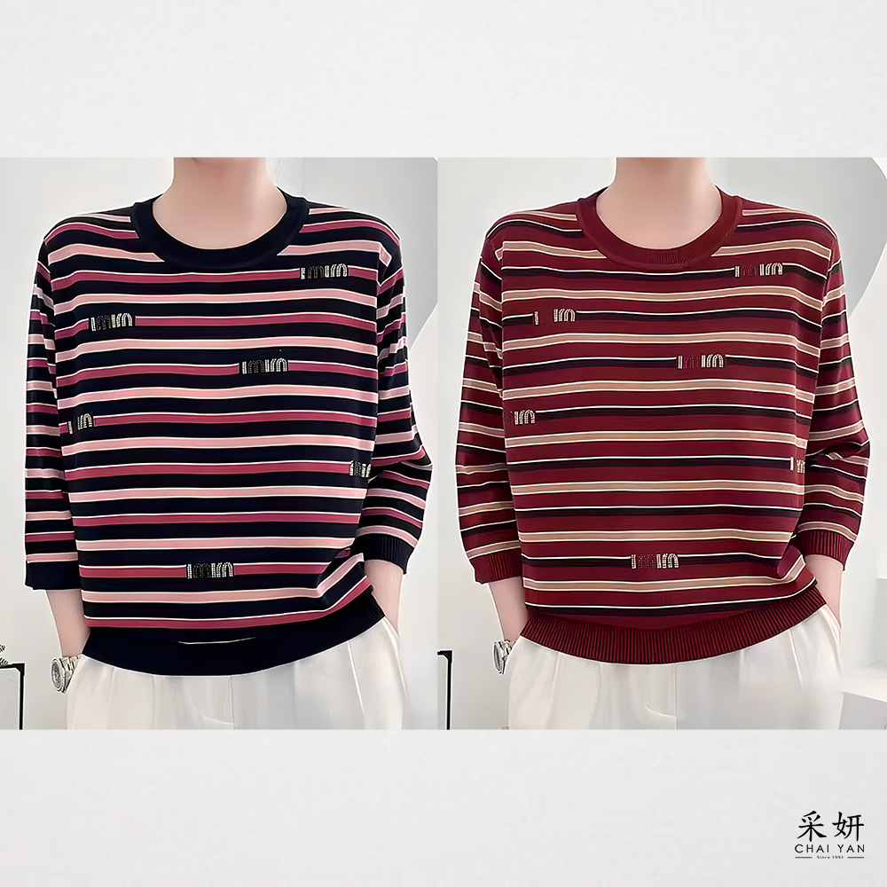 字母燙鑽條紋針織圓領七分袖上衣