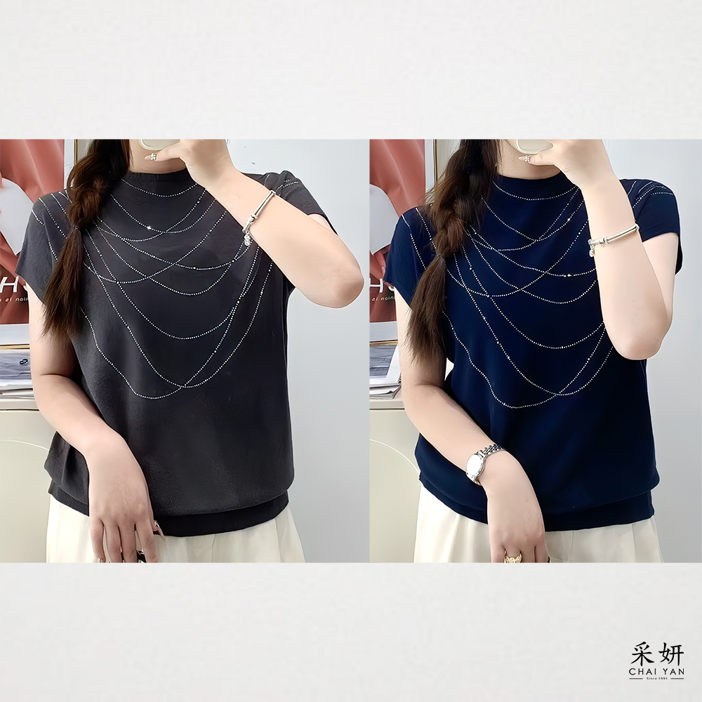 無肩線裝飾燙鑽針織圓領短袖上衣