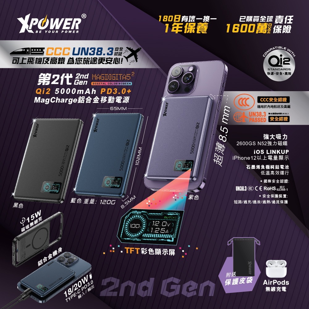 (3C認證版)(鋁合金面)XPower MagDigita5² 第2代彩屏顯示磨沙玻璃外殼 5000mAh PD3.0+QI2 磁吸移動電源