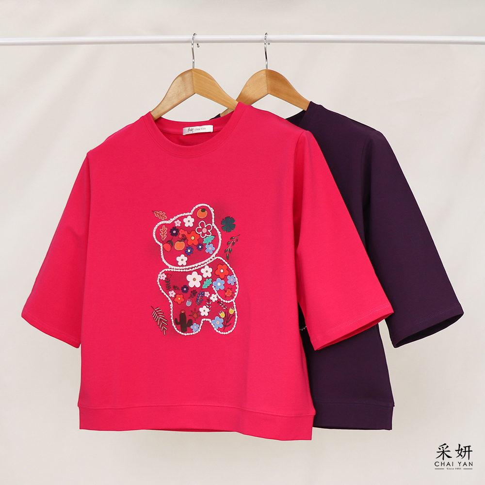 小熊花朵印花圓領半袖上衣