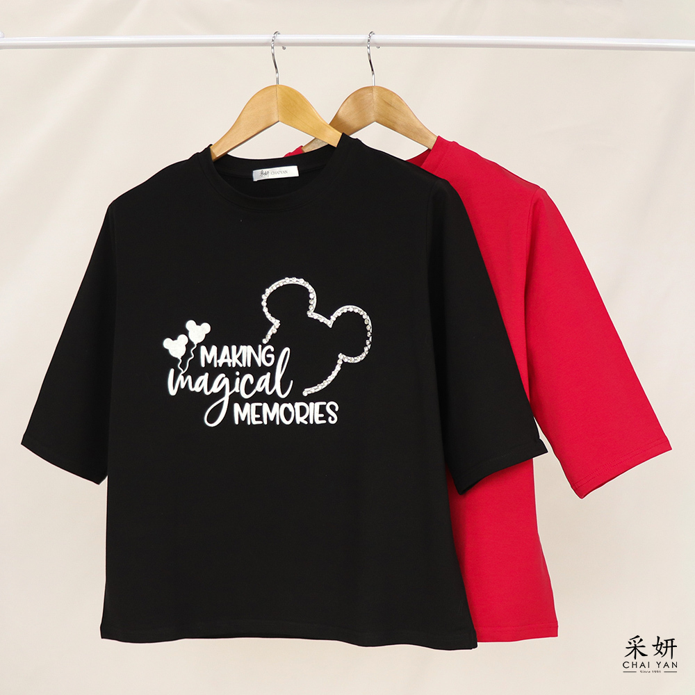 微刷絨字母卡通線條圓領半袖上衣